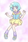  1girl :d aqua_hair blue_jacket blue_shoes commentary curled_fingers dot_nose fairy_kei full_body hair_ornament hands_up highres hood hood_down hooded_jacket jacket karon-t knees_together_feet_apart looking_at_viewer loose_socks mahou_no_shimai_lulutto_lilly midair miniskirt multicolored_jacket multicolored_shoes nonoyama_fuu open_mouth pink_background pleated_skirt purple_eyes purple_socks shirt shoes short_hair short_sleeves skirt smile sneakers socks solo star_(symbol) star_hair_ornament straight_hair t-shirt two-tone_jacket two-tone_shoes white_shirt yellow_jacket yellow_shoes yellow_skirt yume_kawaii zipper_pull_tab 