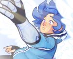  1girl big_chez blue_hair blue_hoodie commentary cyborg english_commentary glitch glitch_productions headphones hood hoodie mechanical_arms meta_runner purple_eyes short_hair single_mechanical_arm solo surprised tari_(meta_runner) 