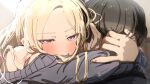  1boy 1girl absurdres black_hair blonde_hair blush commentary_request gakuen_idolmaster grey_sweater hetero highres hug idolmaster juo_sena kasasagi_(futagodori888) long_hair long_sleeves multicolored_hair partial_commentary pink_streaks producer_(idolmaster) streaked_hair sweater 