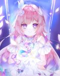  1girl amphoreus_(honkai:_star_rail) aqua_hair breasts commentary_request cyrene_(demiurge)_(honkai:_star_rail) cyrene_(honkai:_star_rail) diamond-shaped_pupils diamond_(shape) dress flower hair_flower hair_ornament highres honkai:_star_rail honkai_(series) large_breasts long_hair looking_at_viewer mobius_strip multicolored_hair pink_hair pointy_ears purple_eyes rinngodon14 smile solo symbol-shaped_pupils very_long_hair white_dress white_hair 