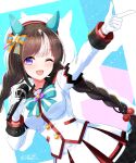  1girl :d ;d animal_ears arm_up beret blush bow braid breasts brown_hair commentary_request ear_covers gloves hair_bobbles hair_bow hair_ornament happy_birthday hat highres hokko_tarumae_(star_light_ship)_(umamusume) hokko_tarumae_(umamusume) holding holding_microphone horse_ears horse_girl jacket long_hair looking_at_viewer low_twin_braids medium_breasts microphone multicolored_hair one_eye_closed open_mouth orange_bow plaid_clothes plaid_sailor_collar purple_eyes sailor_collar signature skirt smile solo streaked_hair striped_bow striped_hair twin_braids umamusume very_long_braid white_gloves white_hair white_hat white_jacket white_skirt white_streaks ya-ya 