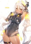  alternate_color angela_balzac arm_up armpits bad_id bad_pixiv_id bangs bare_shoulders blush breasts covered_navel dark_skin elbow_gloves gloves headgear large_breasts leotard long_hair looking_at_viewer low_twintails rakuen_tsuihou silver_hair solo sukja thigh_strap twintails very_long_hair yellow_eyes 