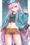  1girl alternate_costume black_shirt blue_hoodie breasts closed_mouth commentary_request crop_top hair_between_eyes hata_no_kokoro highres hood hoodie kokoro_day long_hair long_sleeves looking_at_viewer midriff navel open_clothes open_hoodie orange_shirt pink_eyes pink_hair pink_nails shirt small_breasts solo thighs touhou uumaru very_long_hair zipper 