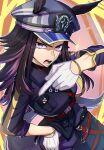  1girl absurdres animal_ears black_hair black_jacket black_pants breasts commentary_request ears_through_headwear fenomeno_(black_flames_of_the_righteous_spirit)_(umamusume) fenomeno_(umamusume) flipped_hair gloves hat highres horse_ears horse_girl horse_tail horseshoe_hat_ornament horseshoe_ornament jacket long_hair long_sleeves looking_at_viewer medium_breasts megao_3rd multicolored_hair open_mouth pants peaked_cap purple_eyes purple_hair shirt tail umamusume white_gloves 