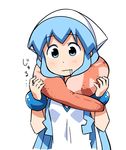  anbe_masahiro blue_eyes blue_hair blush bracelet commentary_request hat ikamusume jewelry neck_pillow saliva shinryaku!_ikamusume shrimp simple_background solo tentacle_hair tentacles translated white_background 