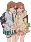  2girls :d arm_around_shoulder asymmetrical_bangs bag bag_charm belt brown_cardigan brown_eyes brown_hair brown_necktie cardigan charm_(object) gekota green_hair green_necktie green_skirt grey_cardigan gyaru_v highres kippei miniskirt misaka_imouto misaka_mikoto multicolored_hair multiple_girls necktie official_alternate_costume plaid_clothes plaid_necktie plaid_skirt school_bag skirt smile striped_clothes striped_necktie sweatdrop thigh_belt thigh_strap toaru_kagaku_no_railgun toaru_majutsu_no_index two-tone_hair v white_background 