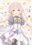  1girl alternate_costume black_pantyhose blonde_hair blue_archive bow bowtie commentary_request corset cowboy_shot food food-themed_background grey_shirt hair_flaps hair_ornament halo hifumi_(blue_archive) highres holding holding_tray light_blush long_hair looking_at_viewer open_mouth pantyhose shirt sidelocks skirt smile solo sweets tray tsugaru_(enoken) twintails very_long_hair waitress white_corset white_skirt wing_hair_ornament yellow_bow yellow_bowtie yellow_eyes yellow_halo 