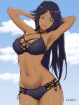  1girl absurdres alternate_costume alternate_hairstyle armpits arms_behind_head arms_up artist_name bikini black_hair bleach blue_sky breasts cleavage cloud commentary cowboy_shot criss-cross_halter dark-skinned_female dark_skin day english_commentary groin hair_down halterneck highres large_breasts lazier long_hair looking_at_viewer multi-strapped_bikini_bottom navel one_eye_closed outdoors parted_bangs parted_lips shihouin_yoruichi sidelocks sketch sky smile solo stomach swimsuit thigh_gap yellow_eyes 