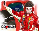  brown_eyes brown_hair capeta copyright_name headphones male_focus official_art racing_suit soda_masahito solo taira_kappeita 