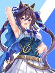  1girl anchor_necklace anchor_ornament animal_ears arm_up armpit_focus armpits belt beret blue_bow blue_cape blue_eyes blue_one-piece_swimsuit blue_ribbon blush bow breasts brown_belt brown_hair cape commentary_request covered_navel ear_covers hair_between_eyes hair_ribbon hat highres horse_ears horse_girl horse_tail jewelry long_hair looking_at_viewer medium_breasts mole mole_under_eye multicolored_hair necklace one-piece_swimsuit open_mouth presenting_own_armpit ribbon shirt single_ear_cover skirt smile solo streaked_hair swimsuit swimsuit_under_clothes tail twintails umamusume underboob vivlos_(umamusume) vivlos_(voyage_etincelant)_(umamusume) white_hat white_shirt white_skirt yashimo_1875 