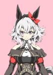  1girl animal_ears bare_shoulders black_hairband bow breasts closed_mouth coat curren_chan_(fille_eclair)_(umamusume) curren_chan_(umamusume) dress ear_bow ear_covers grey_hair hairband highres horse_ears horse_girl long_sleeves looking_at_viewer medium_breasts off-shoulder_coat off-shoulder_dress off-shoulder_jacket off_shoulder pink_background purple_eyes red_bow short_hair simple_background smile solo striped_clothes striped_dress umamusume vertical-striped_clothes vertical-striped_dress zukki_(bijitaru) 