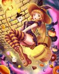  basket bat boots breasts broom broom_riding brown_eyes brown_hair candy candy_cane cookie cross-laced_footwear demon_wings doughnut dress flying food full_body ghost halloween hat highres jack-o'-lantern lollipop low_twintails macaron masaki_mao medium_breasts open_mouth original puffy_short_sleeves puffy_sleeves pumpkin short_sleeves short_twintails solo striped striped_legwear swirl_lollipop thighhighs tower twintails wings witch witch_hat wrapped_candy 