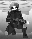 anthro armor fallout fan_character gun kneeling looking_at_viewer monochrome outside plasma_rifle ranged_weapon replica_(artist) solo video_games weapon 