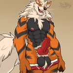  absurd_res anthro arcanine balls canid canine clothing daddy_kink generation_1_pokemon genitals hi_res knot male mammal muscular nintendo nipples open_mouth pawzzhky penis pokemon pokemon_(species) smile solo underwear 