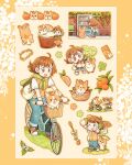  >_< +_+ 1girl :d :o =_= ahoge animal bag basket beads bicycle bicycle_basket blue_pants blush_stickers border brick_wall brown_eyes brown_hair buttons chibi clover commentary cupcake denim dog flying_sweatdrops food four-leaf_clover fruit green_neckerchief hair_beads hair_ornament highres holding holding_phone in_basket in_container jeans juice multiple_views neckerchief of_reumi on_bicycle open_mouth orange_(fruit) orange_background orange_border orange_juice orange_outline orange_slice orange_soda orange_theme orange_vest original outline outstretched_arms pants phone polka_dot polka_dot_background riding riding_bicycle running selfie shirt short_hair short_sleeves shoulder_bag signpost single_blush_sticker smile soda star_(symbol) star_sticker sticker tongue tongue_out untranslatable_commentary v vending_machine vest welsh_corgi white_shirt 