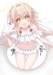  1girl :d absurdres bare_shoulders bikini black_bow blue_archive bow brown_eyes brown_hair cellphone collarbone commentary_request feet_out_of_frame frills hair_between_eyes hair_ornament halo halterneck hand_up happy hifumi_(blue_archive) hifumi_(swimsuit)_(blue_archive) highres holding holding_phone long_hair looking_at_viewer low_twintails navel off-shoulder_bikini off_shoulder official_alternate_costume open_mouth phone ribbon-trimmed_bikini ribbon_trim ruffle_bikini sanpaku side-tie_bikini_bottom simple_background sitting smartphone smile solo swim_ring swimsuit tareme teeth thick_eyebrows thigh_gap tsugaru_(enoken) twintails upper_teeth_only upturned_eyes white_background white_bikini wing_hair_ornament yellow_halo 