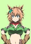  1girl animal_ears armband bandana bandeau bare_shoulders blue_eyes breasts brown_gloves brown_hair cleavage closed_mouth colt_single_action_army cowboy_hat gloves green_armband green_background green_bandeau gun hair_ornament hands_on_own_hips hat hat_on_back highres holstered horse_ears horse_girl large_breasts long_hair looking_at_viewer midriff navel ponytail red_bandana revolver simple_background smile solo star_(symbol) star_hair_ornament taiki_shuttle_(umamusume) taiki_shuttle_(wild_frontier)_(umamusume) umamusume weapon zukki_(bijitaru) 