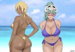  2girls alternate_costume arrancar ass bare_shoulders bikini bleach blonde_hair breasts commentary curvy dark-skinned_female dark_skin facial_mark gold_bikini green_eyes green_hair highres huge_breasts lazier lips long_hair looking_at_viewer multiple_girls navel nelliel_tu_odelschwanck number_tattoo numbered purple_bikini side-tie_bikini_bottom skull smile string_bikini swimsuit tattoo thong thong_bikini tier_harribel untranslatable_commentary 