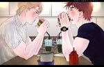  abuko85 blonde_hair blue_eyes brown_hair caesar_anthonio_zeppeli collared_shirt cup drinking_glass drinking_straw eating facial_mark food food_on_face hamburger jojo_no_kimyou_na_bouken joseph_joestar_(young) ketchup letterboxed male_focus milkshake multiple_boys open_mouth shirt striped striped_shirt t-shirt translation_request watch wristwatch 