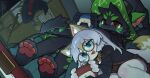  1boy 1girl animal_ears barefoot black_dress blue_eyes broom commentary commission controller dress english_commentary fang furry furry_female furry_male game_controller glasses grey_hair hat holding holding_controller holding_game_controller kotoba_(1074421015) long_hair long_sleeves looking_at_viewer open_mouth original pawpads playing_games playing_video_games round_eyewear smile tail witch_hat yellow-framed_eyewear 