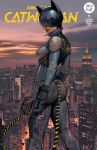  1girl absolute_batman absolute_dc animal_ear_helmet animal_helmet assault_rifle black_gloves black_hair bodysuit breasts cat_helmet catsuit catwoman_(absolute_dc) city city_lights cityscape commentary covered_eyes cowboy_shot dc_comics english_commentary english_text from_behind gloves gun helmet helmet_over_eyes highres holding holding_weapon ivan_talavera looking_at_viewer looking_back mechanical_tail medium_breasts multicolored_suit on_rooftop parted_lips reflective_clothes reflective_mask reflective_weapon rifle signature solo tail weapon western_comics_(style) 