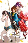  1boy 1girl absurdres black_eyes black_kimono black_sash black_scarf blue_haori bow brown_hair carousel chinese_zodiac choker closed_mouth commentary confetti english_text fang flower gegege_no_kitarou geta hair_bow hair_bun hair_flower hair_ornament hair_over_one_eye hand_on_another's_shoulder haori highres horse_print japanese_clothes kanzashi kimono kitarou nekomusume nekomusume_(gegege_no_kitarou_6) new_year obi okobo one_eye_covered platform_sandals pointy_ears print_kimono purple_hair red_bow red_choker red_flower red_kimono red_sandals red_sash riding sandals sash scarf short_hair sidesaddle silanduqiaocui smile socks striped_clothes striped_scarf tabi tassel tsumami_kanzashi two-tone_scarf white_flower white_socks wide_sleeves year_of_the_horse yellow_eyes yellow_scarf 