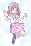  1girl :o black_shoes blue_background blue_eyes blunt_bangs blunt_ends bow bowtie buttons commentary crescent crescent_hair_ornament curled_fingers dot_nose full_body hair_ornament hands_up karon-t legs_up loafers long_hair looking_at_viewer mahou_no_shimai_lulutto_lilly medium_skirt midair nonoyama_rui open_mouth pink_bow pink_bowtie pink_hair pink_skirt pleated_skirt purple_sailor_collar sailor_collar school_uniform serafuku shirt shoes short_sleeves skirt socks solo white_shirt white_socks 