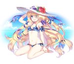  aqua_eyes arm_ribbon bare_shoulders barefoot bikini blonde_hair blue_eyes blush bow breasts cleavage floating_hair flower full_body hair_bow hair_over_one_eye hair_ribbon hand_on_headwear hat hat_ribbon hibiscus long_hair looking_at_viewer navel ocean open_mouth pandora_(p&amp;d) puzzle_&amp;_dragons ribbon shouni_(sato3) side-tie_bikini sitting small_breasts smile solo swimsuit very_long_hair wariza 
