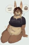  2026 anthro asking band_shirt belly belly_grab belly_rub_request black_choker black_clothing black_crop_top black_jewelry black_necklace black_shirt black_thong black_topwear black_underwear blush blush_lines brown_body brown_eyes brown_fur brown_hair buckteeth cake carrot_cake choker clothing countershade_belly countershade_face countershade_neck countershading crop_top deftones dessert dewlap_(anatomy) dimple dreadlocks ear_piercing emanata embarrassed facial_piercing female food fur gradient_hair grey_background hair half-closed_eyes hand_on_ground helix_piercing hi_res inviting jewelry kneeling lagomorph leaning_on_hand leporid lip_piercing lip_ring long_ears love_handles mammal narrowed_eyes navel necklace open_mouth open_smile overweight overweight_anthro overweight_female piercing pinup pose rabbit rabbit_ears ring_piercing shirt short_sleeves simple_background sitting smile solo teeth thick_thighs thong thought_bubble topwear truesona_(wolfertinger) underwear wide_hips wolfertinger y_nose 