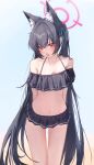  1girl animal_ear_fluff animal_ears armpit_crease arms_behind_back bare_arms bare_shoulders beach bikini bikini_skirt black_bikini black_hair blue_archive blue_ribbon blurry blurry_background blush breasts cat_ears cat_girl collarbone commentary_request cowboy_shot crossed_bangs day extra_ears fang fujiwara_haru_(nekonote) hair_between_eyes hair_ribbon halo halterneck highres long_hair looking_at_viewer navel off-shoulder_bikini off_shoulder official_alternate_costume open_mouth outdoors pink_eyes pink_halo ribbon serika_(blue_archive) serika_(swimsuit)_(blue_archive) skin_fang small_breasts solo standing stomach swimsuit twintails v-shaped_eyebrows very_long_hair 