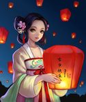  black_hair breasts building chinese_clothes cleavage collarbone double_bun flower green_eyes hair_flower hair_ornament hanfu holding lantern original saikac silhouette sky_lantern small_breasts solo tanabata translation_request 