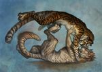  abstract_background charr duo eye_contact fangs feline female fight green_eyes guild_wars hanmonster horn jumping lying male mammal multiple_ears red_eyes tiger video_games yrvel_(uchoa) 