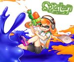  akayan bike_shorts copyright_name dodging domino_mask falling fang grin headphones highres ink_tank_(splatoon) inkling long_hair mask one_eye_closed orange_eyes orange_hair paint_splatter pointy_ears shirt shoes single_vertical_stripe smile sneakers solo splatoon_(series) splatoon_1 splattershot_(splatoon) super_soaker tentacle_hair white_shirt 