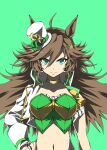  1girl ahoge animal_ears arm_strap asymmetrical_jacket breasts brown_hair choker closed_mouth cropped_jacket green_background green_shirt hair_ornament hat highres horse_ears horse_girl jacket long_hair looking_at_viewer medium_breasts midriff mini_hat mini_top_hat mr._c.b._(clear_bliss)_(umamusume) mr._c.b._(umamusume) navel shirt simple_background single_bare_shoulder single_sleeve smile solo strapless strapless_shirt top_hat umamusume upper_body white_jacket yellow_choker zukki_(bijitaru) 
