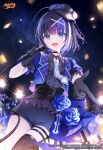 1girl absurdres amaki_ruto black_gloves black_thighhighs blue_eyes blue_hair center_frills closed_mouth commentary english_commentary frills gloves hair_ornament hand_up highres himekawa_hibiki holding holding_microphone idol jacket mahjong_soul microphone multicolored_hair necktie night official_art open_clothes open_jacket open_mouth outdoors purple_hair second-party_source sharp_teeth short_sleeves single_thighhigh skindentation sky smile solo star_(sky) starry_sky teeth thigh_strap thighhighs upper_teeth_only white_hair x_hair_ornament 