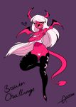  absurd_res blush blush_lines breasts cleavage clothed clothing demon demon_humanoid eyelashes female garam hair hellaverse helluva_boss hi_res horn horned_humanoid humanoid long_hair membrane_(anatomy) membranous_wings navel open_mouth orange_eyes panties pink_body pink_horn pink_wings purple_background simple_background small_breasts solo spade_tail tail tailed_humanoid thick_thighs topwear underwear verosika_mayday white_clothing white_hair white_panties white_topwear white_underwear wide_hips winged_humanoid wings yellow_sclera 