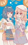  2girls absurdres arm_at_side artist_request beach black_hair black_skirt blonde_hair blue_eyes blush breasts brown_eyes casual cat_symbol character_name check_artist chinese_commentary clothing_request collarbone commentary commentary_request day drawn_ears dress drink drinking emberizidae fruit_request hair_ribbon hairband hat heart highres holding holding_drink long_hair maribel_hearn missing_headwear multiple_girls off-shoulder_dress off_shoulder one_eye_closed open_mouth purple_dress ribbon sash second-party_source shirt short_hair short_sleeves sidelocks single_off_shoulder skirt star_(symbol) strap touhou usami_renko white_hairband white_hat white_ribbon white_sash white_shirt 