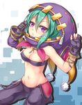  :o aqua_hair armpits asymmetrical_gloves bare_shoulders black_gloves blue_background breasts cleavage covered_nipples detached_sleeves gauntlets gloves hair_between_eyes highres hood jewelry karma_(road_to_dragons) key medium_breasts midriff navel necklace pants purple_eyes road_to_dragons shintani_tsushiya side_slit simple_background solo stomach white_background zipper 
