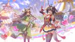  3girls =_= absurdres alin_leng_bu_sheng amusement_park animal_ears arm_up balloon bare_shoulders bird black_hair black_sash black_sleeves black_tail black_thighhighs blue_sky breasts brown_corset brown_hair brown_tail carousel chanchanko_(clothes) cleavage cleavage_cutout closed_eyes closed_mouth clothing_cutout cloud cloudy_sky commentary_request corset day detached_sleeves diamond_(shape) ear_ornament feet_out_of_frame ferris_wheel floating_hair floral_print_sleeves green_jacket green_skirt hair_between_eyes hands_up heart_balloon highres horse_ears horse_girl horse_tail jacket kitasan_black_(gilded_shrine_to_glory)_(umamusume) kitasan_black_(umamusume) kouhaku_nawa large_breasts layered_sleeves lens_flare long_hair looking_at_viewer mascot_costume multicolored_hair multiple_girls obi open_mouth orange_shirt orange_skirt outdoors pigeon roller_coaster rope sash satono_diamond_(natural_brilliance)_(umamusume) satono_diamond_(umamusume) shimenawa shirt short_hair skirt sky sleeves_past_fingers sleeves_past_wrists smile standing star_balloon streaked_hair tail tassel thighhighs thighs tokai_teio_(umamusume) two_side_up umamusume white_streaks yellow_sleeves 