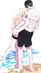  1boy 1girl ^^^ absurdres bare_legs barefoot beach black_hair black_shorts blonde_hair blush commentary_request full_body gakuen_idolmaster highres hug idolmaster juo_sena kasasagi_(futagodori888) long_hair multicolored_hair outdoors partial_commentary pink_streaks producer_(idolmaster) shirt shorts streaked_hair sweatdrop t-shirt white_shirt 