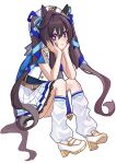  1girl :3 animal_ears blue_nails blue_ribbon commentary dexien ear_covers full_body hair_ribbon hands_on_own_cheeks hands_on_own_face hat high_heels highres horse_ears horse_girl looking_at_viewer loose_socks pleated_skirt purple_eyes ribbon shoes simple_background single_ear_cover skirt smile socks solo twintails umamusume untranslatable_commentary vivlos_(umamusume) vivlos_(voyage_etincelant)_(umamusume) white_background white_hat white_shoes white_skirt white_socks 