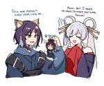  >_< animal_ears black_hair blue_hair blue_hoodie cho_kaguya-hime! closed_eyes commentary cropped_torso crying english_commentary english_text fox_ears grey_hair hair_ornament hair_rings hair_stick halterneck highres holding holding_mini_person hood hoodie kiel_adair long_sleeves mii_(nintendo) mini_person multicolored_hair open_mouth pink_hair runami_yachiyo sakayori_iroha simple_background sleeves_past_fingers sleeves_past_wrists streaming_tears tears tomodachi_life tomodachi_life:_living_the_dream twintails two-tone_hair white_background wide_sleeves 