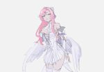  1girl bare_shoulders breasts cleavage commentary_request cosplay detached_sleeves dress green_eyes highres hy04sr large_breasts long_hair looking_at_viewer mole mole_on_breast mole_under_eye multiple_moles nicole_demara pink_hair remielle_dan remielle_dan_(cosplay) simple_background solo thighhighs thighs very_long_hair white_background white_dress white_thighhighs white_wings wings zenless_zone_zero 