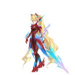  1girl absurdres alternate_costume animal_ears armor armored_boots armored_skirt blonde_hair blue_eyes body_armor bodysuit boots breasts cat_ears chest_jewel ciel_(mega_man) commission commissioner_upload covered_navel energy_sword eyelashes full_body gauntlets gloves high_heel_boots high_heels highres holding holding_sword holding_weapon knee_armor light_smile long_bangs long_hair looking_at_viewer magical_girl mechanical_ears mega_man_(series) mega_man_zero_(series) non-web_source petite ponytail rhan shoulder_armor small_breasts sword transparent_background weapon 