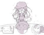  akatsuki_(kantai_collection) anchor_symbol apron closed_eyes commentary_request cooking curry curry_rice cutting_board flat_cap food hat highres kantai_collection knife komaruri ladle long_hair monochrome open_mouth pot rice rice_spoon school_uniform serafuku solo 