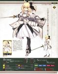  absurdres ahoge armor armored_dress artoria_pendragon_(all) blonde_hair detached_sleeves fate/grand_order fate/stay_night fate/unlimited_codes fate_(series) gauntlets green_eyes hair_ribbon highres official_art ribbon saber saber_lily solo sword takeuchi_takashi translation_request weapon 