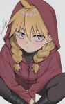  1girl ahoge blonde_hair boots braid closed_mouth commentary_request gabu_(yomi_no_tsugai) hair_between_eyes harutoyumaarts highres hood hood_up hooded_jacket jacket long_hair looking_at_viewer pantyhose pout purple_eyes red_jacket sitting twin_braids white_background yomi_no_tsugai 