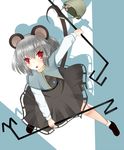  animal_ears capelet dowsing_rod dress grey_hair highres jewelry jinggu_shirokawa lazy_eye long_sleeves mouse mouse_ears mouse_tail nazrin pendant red_eyes short_hair simple_background solo tail touhou 