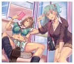  adapted_costume alternate_hairstyle bag bag_charm black_legwear blazer blue_eyes border bracelet breasts brown_hair charm_(object) choker cigarette cleavage clothes_around_waist collar earrings green_eyes green_hair gyaru jacket jacket_around_waist jewelry kantai_collection kogal large_breasts looking_at_viewer loose_socks maya_(kantai_collection) md5_mismatch midriff multiple_girls navel one_side_up phone plaid plaid_skirt pleated_skirt remodel_(kantai_collection) ring school_bag shirogami_seisho shoes short_hair skirt sleeves_folded_up smile socks suzuya_(kantai_collection) sweater sweater_around_waist white_border 