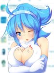  ahoge bangs blue_eyes blue_hair blush breasts chestnut_mouth cleavage covered_nipples cursor gloves hairband highres large_breasts long_hair looking_at_viewer one_eye_closed open_mouth original ponytail sleeveless solo text_focus upper_body white_gloves yuzuki_kei 